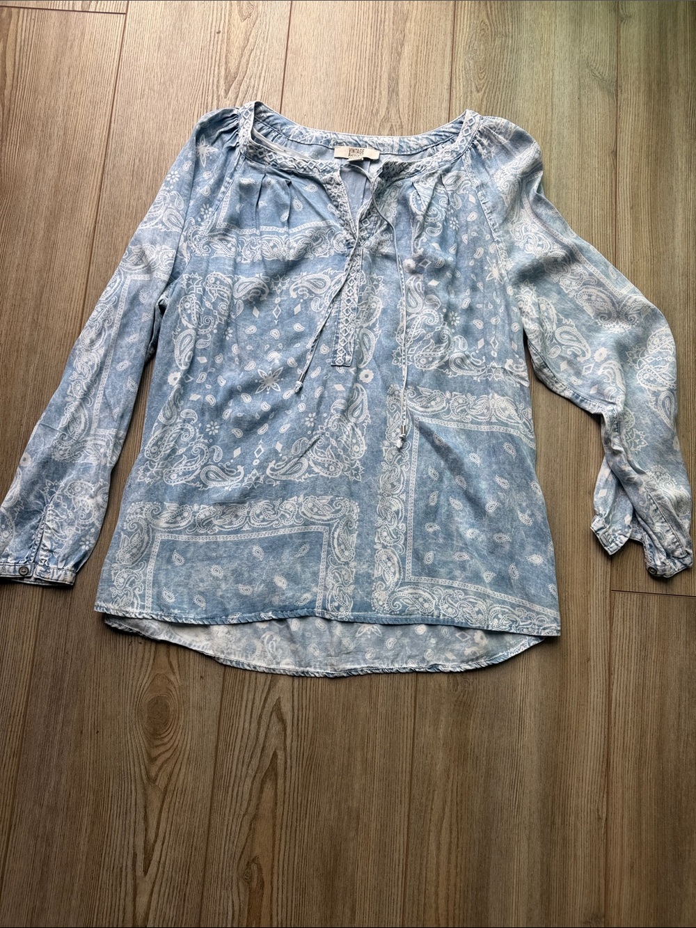 Vintage America Light Blue Paisley Peasant Blouse